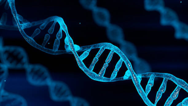 Blue chromosome DNA and gradually glowing flicker light matter chemical when camera moving closeup. Medical and Heredity genetic health concept. Technology science. 3D illustration rendering
